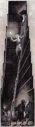 Men climb a shaky ladder to see Davidson's Chamber in the Pyramid. Image from La Description de l'Egypte.
