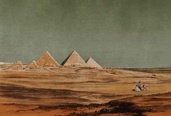 from the desert, with a cluster of Arabs in the foreground, the Gisa pyramids have a mystical air.